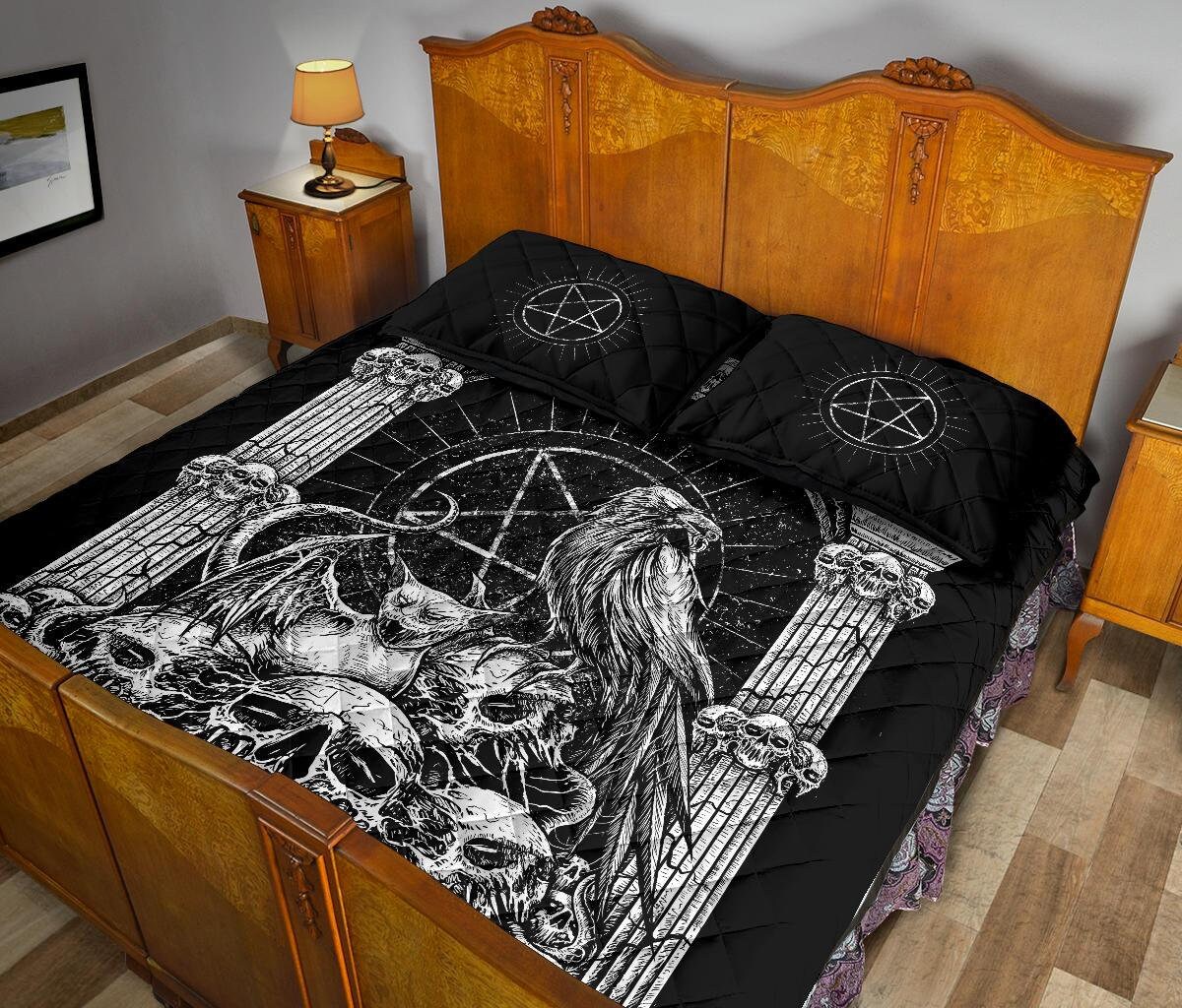 Skull Goth Occult Raven Bat Wing Cat Shrine Quilt 3 Piece Set All Black ...