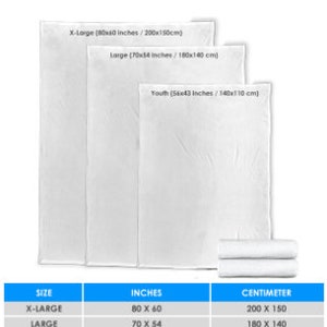 May include: A chart showing the different sizes of blankets available, with measurements in inches and centimeters. The sizes are X-Large, Large, and Youth.