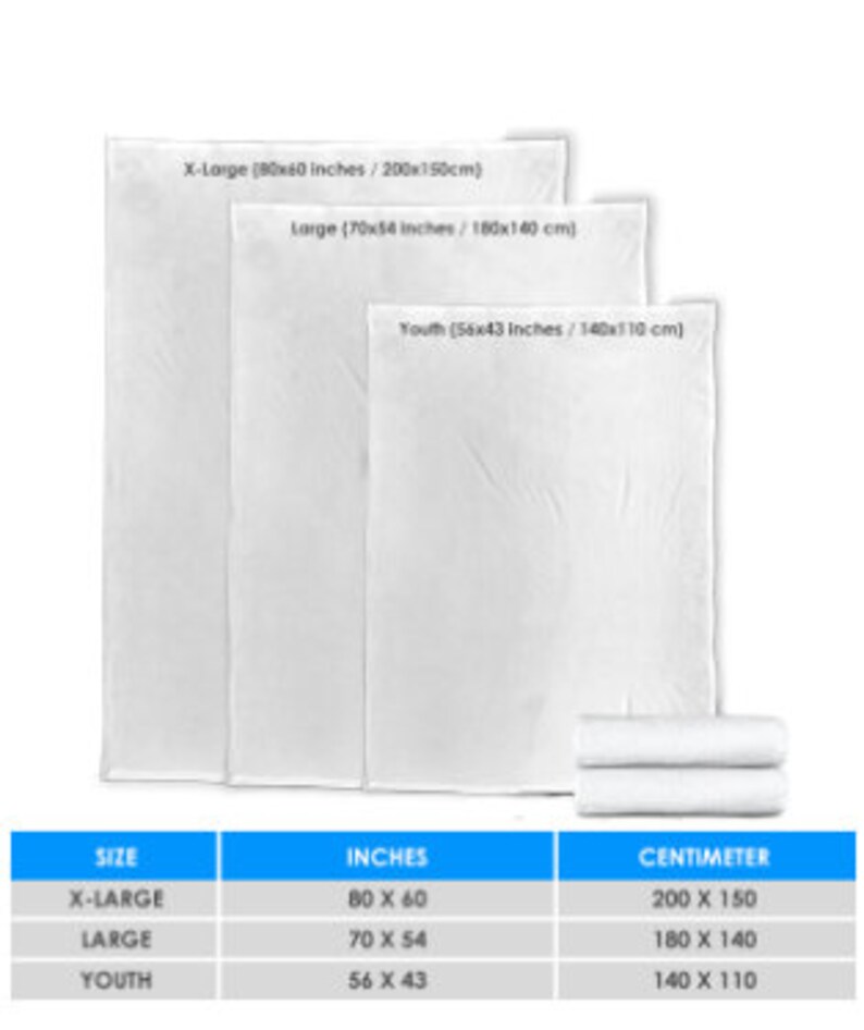 May include: A chart showing the different sizes of blankets available, with measurements in inches and centimeters. The sizes are X-Large, Large, and Youth.