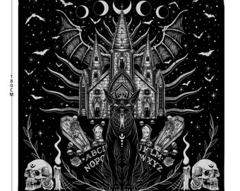 Skull Skeleton Diabolic Cat Coffin Bat Night House Ouija board Style Coffin Shower Curtain 71 "x 69" -Goth Cat Decor-