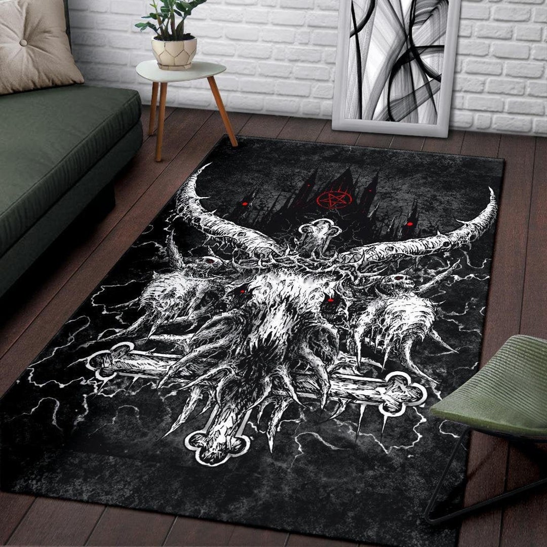 Satanic Area Rug Skull Satanic Crowned Goat Inverted Cross With Inverted Pentagram Night ...