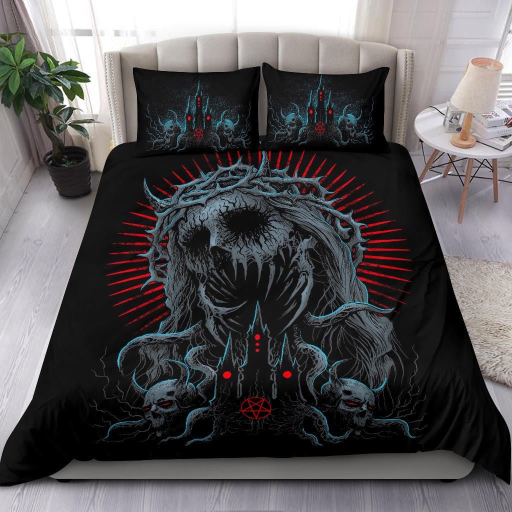 Discover Skull Demon Zombie Savior Satanic Church 3 Piece Duvet Set Color Version - Satanic Bedding - Baphomet Duvet - Zombie Bedding