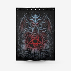 Schädel Skelett Dämon Oktopus Satanic Pentagram Textured Stoff Duschvorhang Farben-Satanic Goth Okkult Dekor-