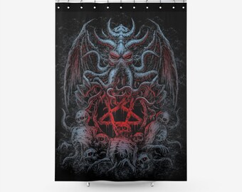 Skull Skeleton Demon Octopus Satanic Pentagram Textured Fabric Shower Curtain Color-Satanic Goth Occult Decor-