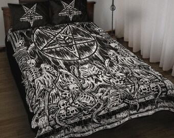 Skull Skeleton Satanic Pentagram Shrine Quilt 3 Piece Bed Set-Satanic Pentagram Quilt-Gothic Satanic Quilt-