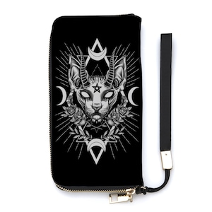 Cartera larga de PU para mujer con diseño de gato negro oculto gótico, estilo esfinge único, impresionante ojo blanco demoníaco, con tarjeteros, monedero con cremallera-