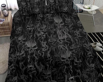 Skull Smoke Dark Version Juego de edredón de 3 piezas-Skull Bed Cover-Gothic Skull Bed Cover-Skull Room Decor-Skull Home Decor-Skull Bedding-Skulls-
