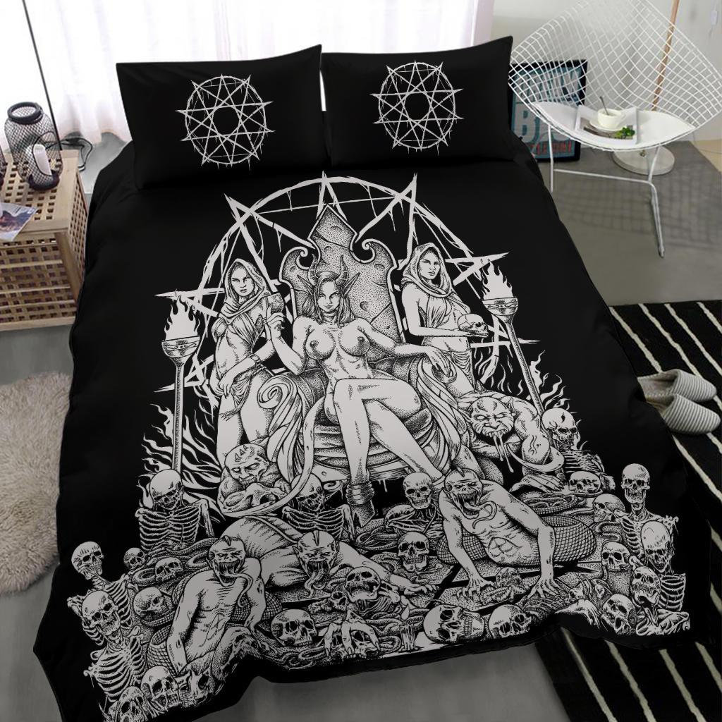 Discover Skull Demon Serpent Flesh Gluttony Throne 3 Piece Duvet Set Black And White-Skull Satanic Bedding-Gothic Bedding-Occult Bedding-