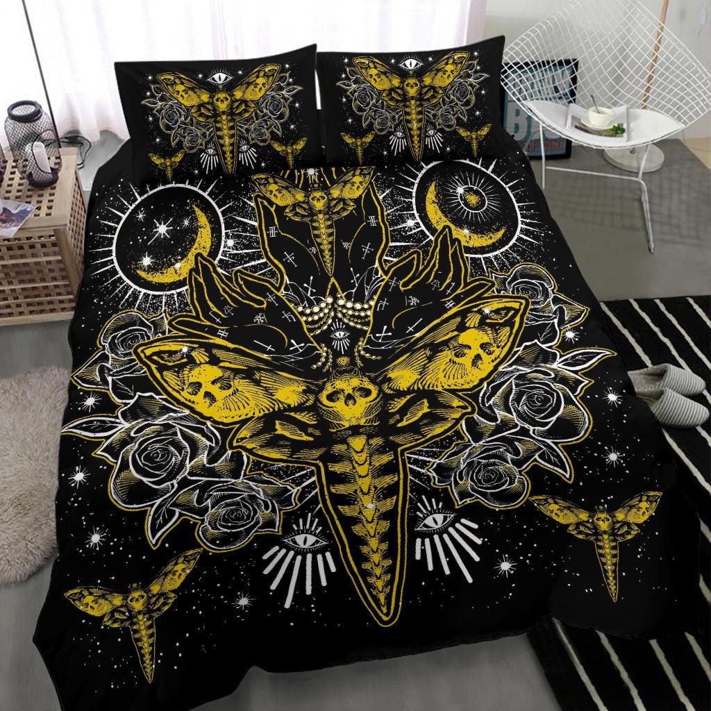 Discover Skull Moth Secret Society Occult Style 3 Piece Duvet Set Yellow Version-Skull Bed Sets-Skull Duvet-Gothic Duvet-