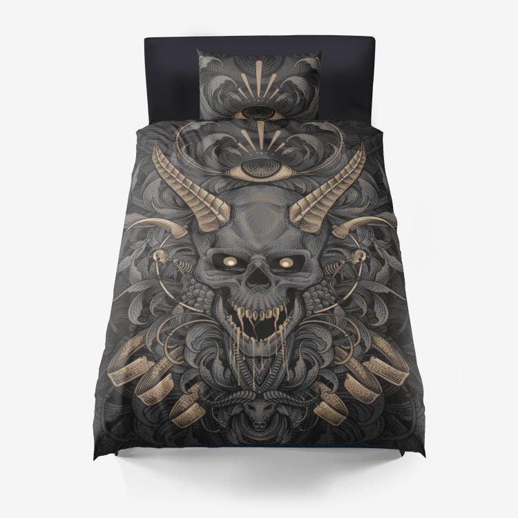 Discover Skull Demon Horn 3 Piece Microfiber Duvet Set-Skull Bed Cover-Skull Blanket-Skull Room Decor-Skull Home Decor-Demon Skull Bed Cover-