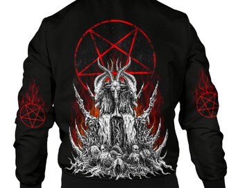 Skull Satanic Goat Satanic Pentagram Flame Jacket Plain Black Sleeves Available By Request-Satanic Clothing-Satanic Goat Clothing-