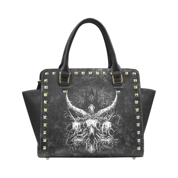 Skull Satanic Crowned Goat Satanic Pentagram Night Church Rivet Shoulder Handbag High-grade PU leather, 11.22"(L) x 4.72"(W) x 9.84"(H)-