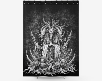 Skull Satanic Goat Textured Fabric Shower Curtain Original Black And White-Satanic Goat-
