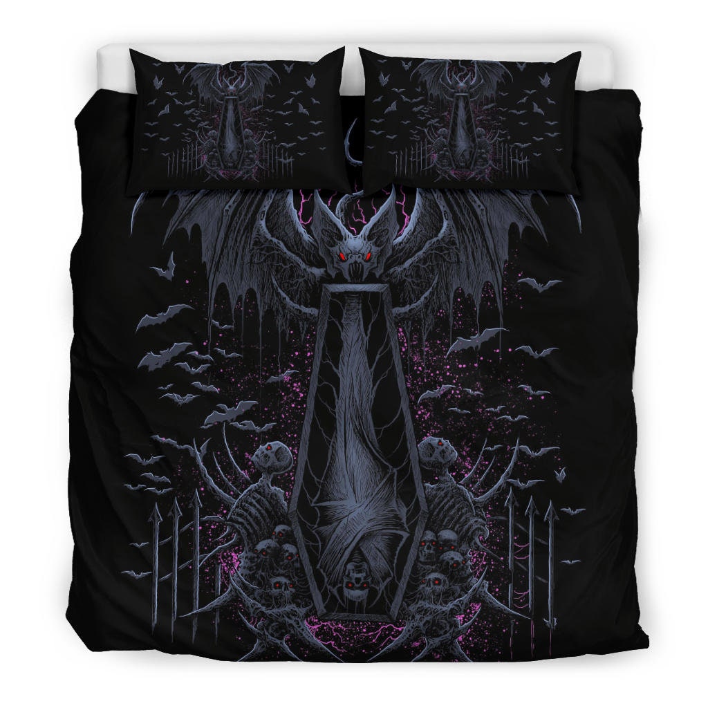 Discover Skull Batwing Skeleton Coffin Shroud 3 Piece Duvet Set Awesome Night Blue Pink-Gothic Bat Skull Bedding-Skull Bat Duvet-Coffin Duvet-