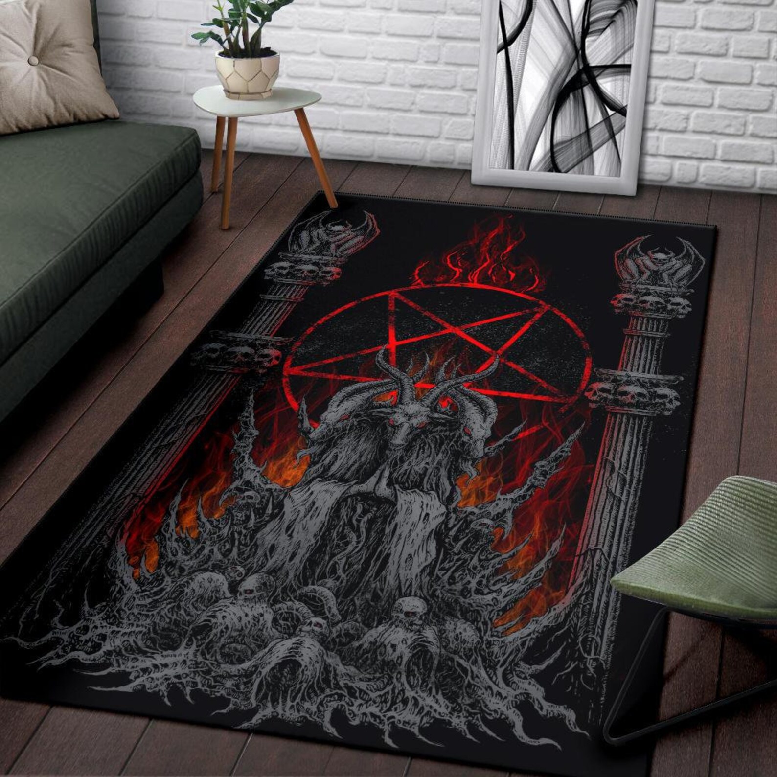 Skull Satanic Goat Satanic Pentagram Flame Area Rug Silver Version ...