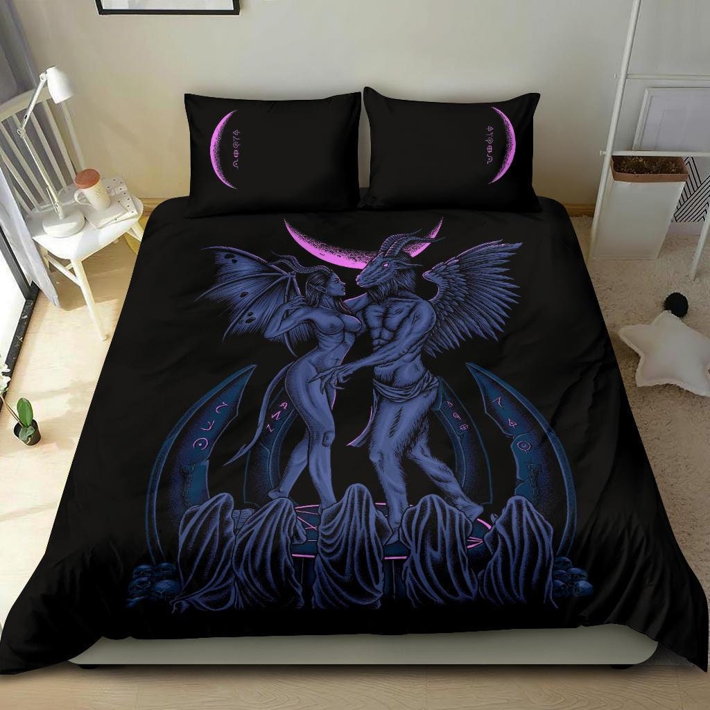 Discover Skull Satanic Pentagram Baphomet Erotic Demon Shrine 3 Piece Duvet Set Erotic Blue Pink-Baphomet Bed Set-Satanic Duvet-Baphomet Bedding-