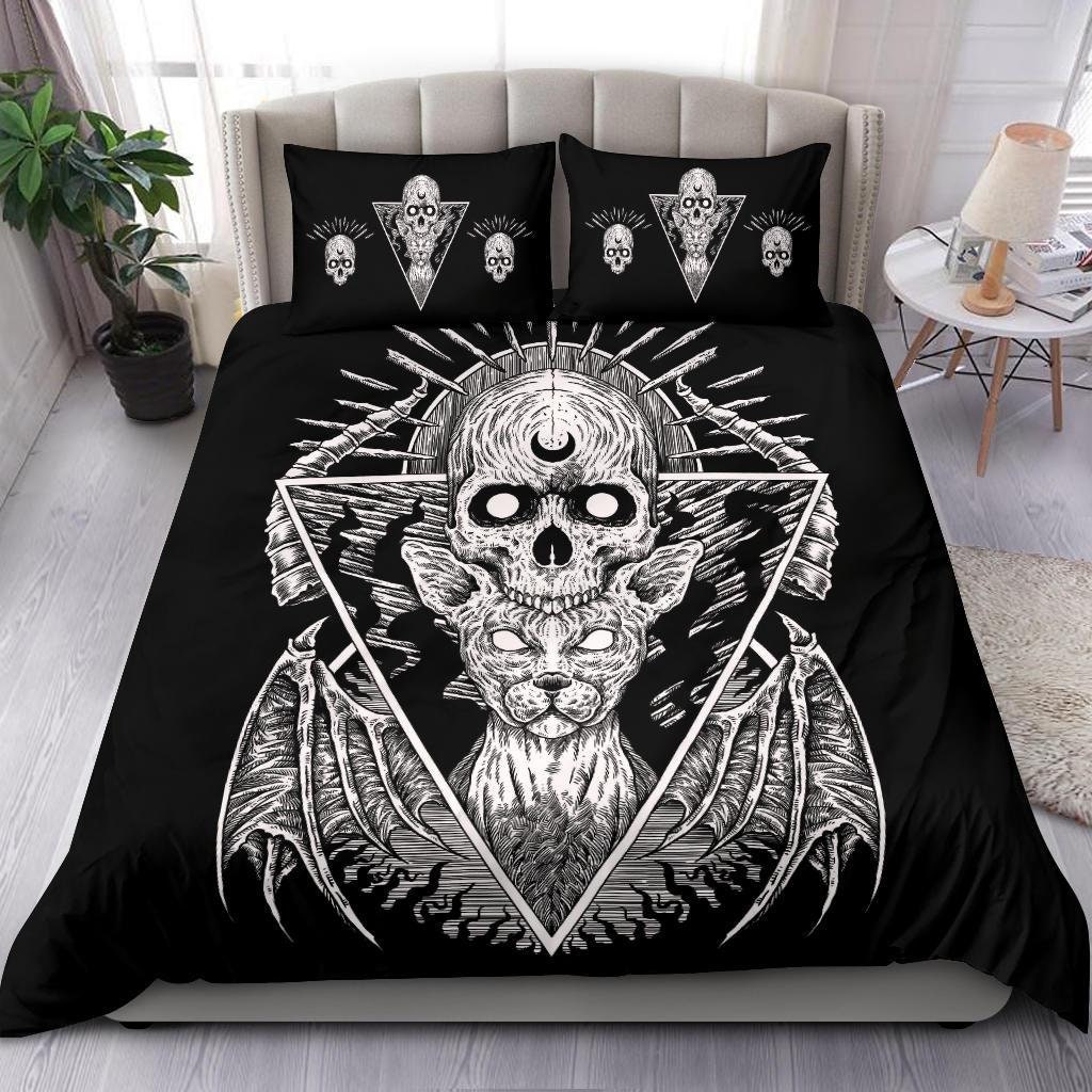 Discover Gothic Skull Cat 3 Piece Duvet Set Skull Cat Pillow Black Version-Gothic Bed Cover-Gothic Skull Bed Cover-Gothic Cat Duvet-