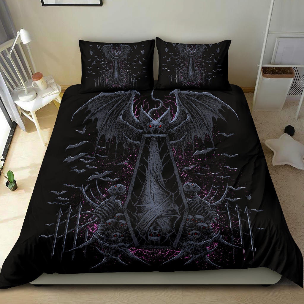 Discover Skull Batwing Skeleton Coffin Shroud 3 Piece Duvet Set Awesome Night Blue Pink-Gothic Bat Skull Bedding-Skull Bat Duvet-Coffin Duvet-