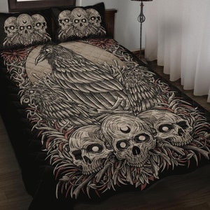 Skull Goth Occult Crow Quilt 3 Piece Bed Set Color Version-Occult Goth Bedding-Gothic Quilt-