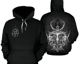 May include: Black hooded sweatshirt with a white pentagram on the left side and a white graphic of a goat with horns and a crown on the back.