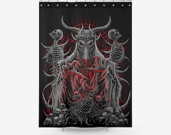 4 Eyed Crowned Goat Textured Fabric Shower Curtain-Satanic Shower Curtain-Satanic Home Decor-
