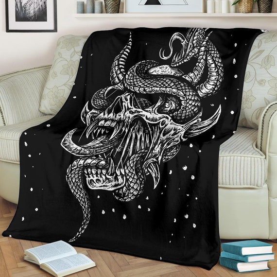 Skull Serpent With Glowing Eyes Blanket-Skull Blanket-Skull Room Decor-Skull Decor-Gothic Skull Decor Gothic Decor-