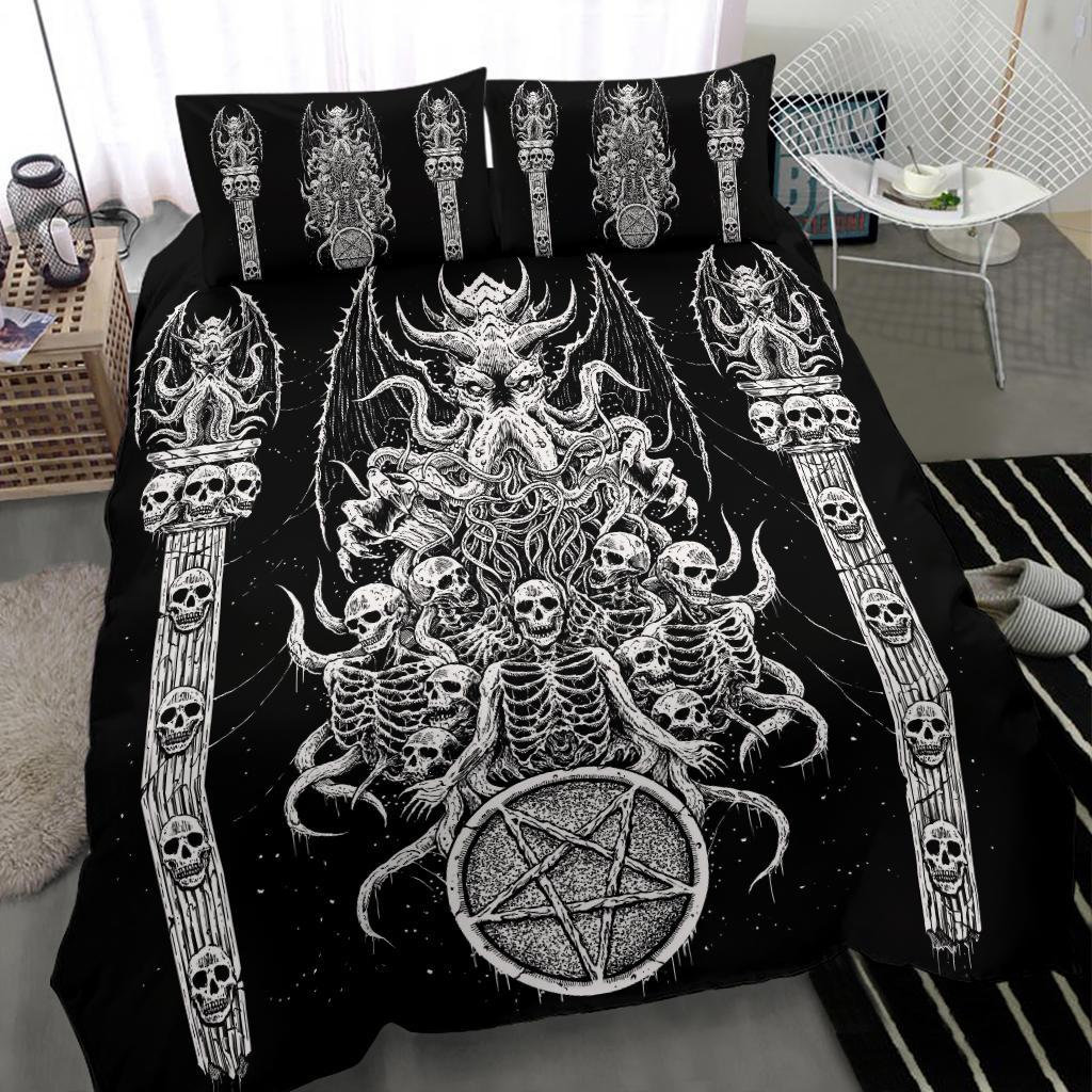 Discover Skull Skeleton Satanic Pentagram Demon Octopus Shrine 3 Piece Duvet Set-Skull Satanic Occult Goth Bedding-
