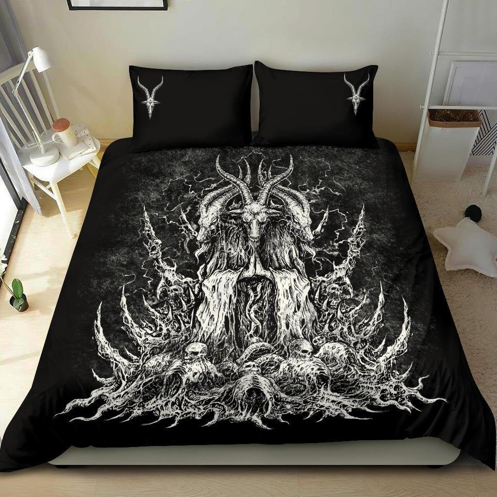 Satanic Skull Goat 3 Piece Duvet Set Black And White Version With Pentagram Goat Pillow Cases-Satanic Goat Home Decor-Satanic Room Decor-