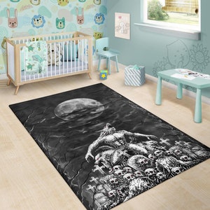 Skull Werewolf Demon Graveyard Area Rug Black and White Red Eye ...