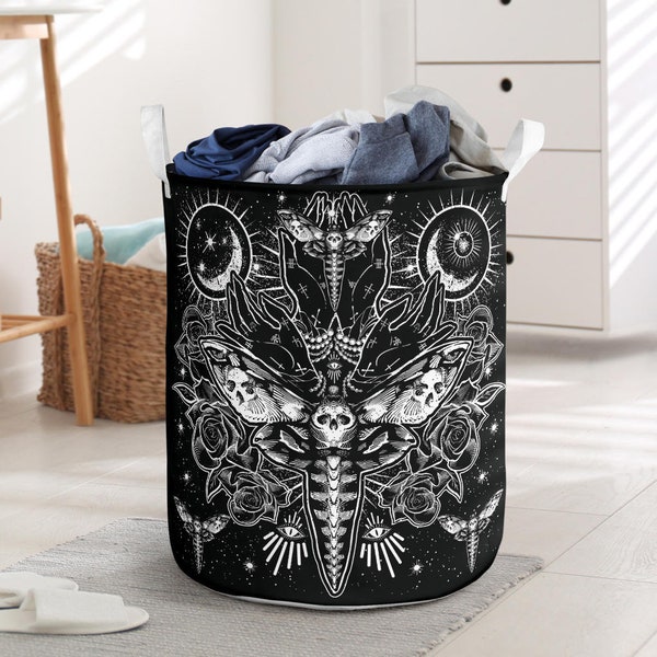 Skull Moth Secret Society Laundry Basket - moth laundry basket -skull hamper- gothic hamper-gothic decor- skull bathroom-occult skull moth