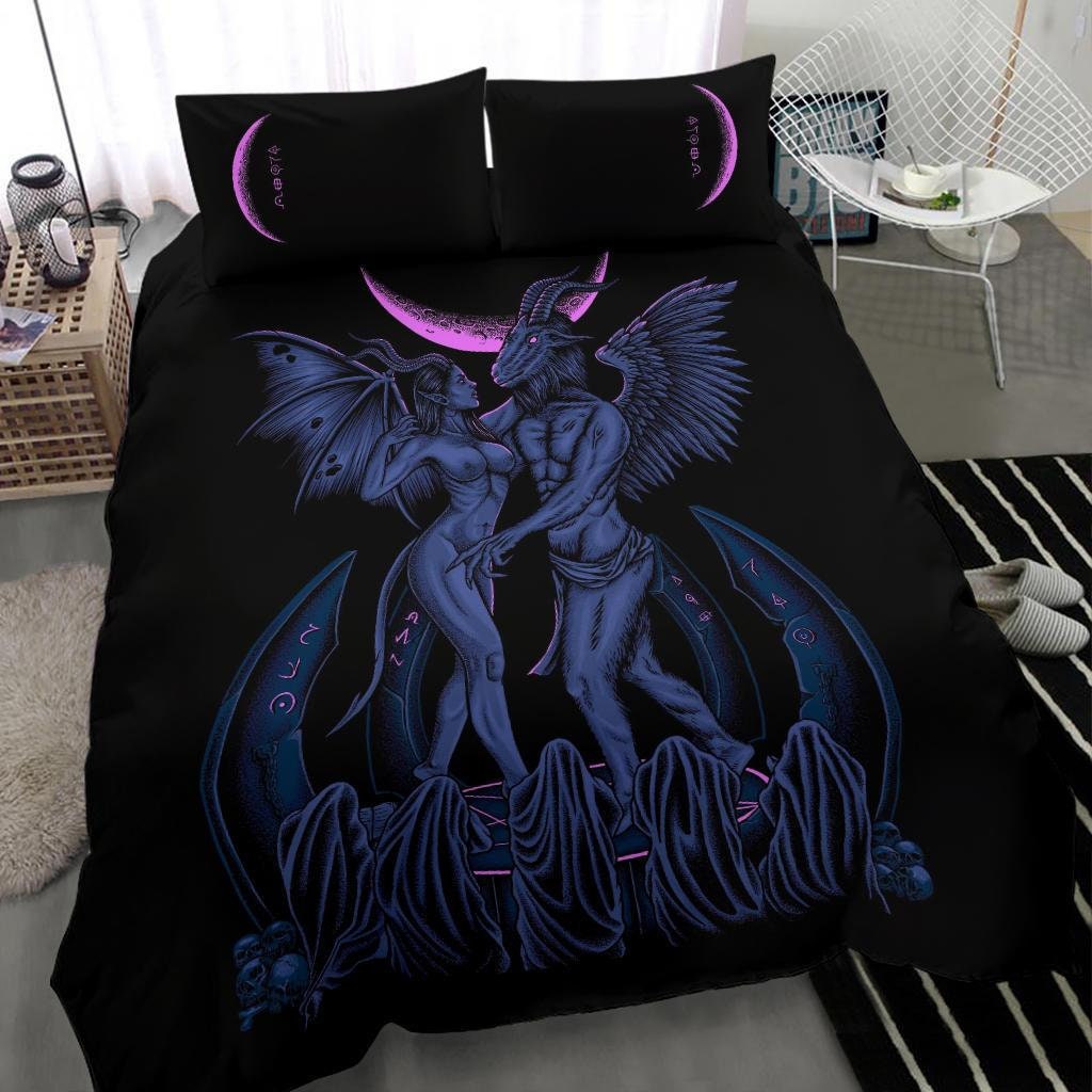 Skull Satanic Pentagram Baphomet Erotic Demon Shrine 3 Piece Duvet Set Erotic Blue Pink-Baphomet Bed Set-Satanic Duvet-Baphomet Bedding-