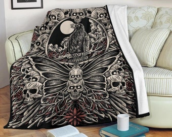 Skull Occult Raven Crow Moth Blanket Color Version-Skull Blanket-Goth Skull Blanket-Skull Occult-Blanket-Skull Decor-
