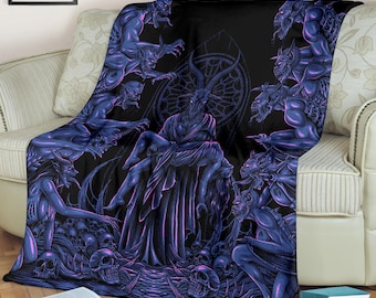 May include: A dark purple and black fleece blanket with a gothic design featuring a horned figure surrounded by demonic figures. The blanket is soft and plush, perfect for adding a touch of darkness to any room.