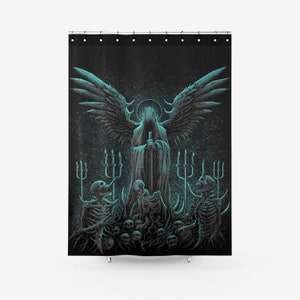 Schädel Skelett Gothic Hooded Wing Dämon Schwert Super Neue Farbe Struktur Stoff Duschvorhang - satanisches Dekor - satanisches Bad Deko