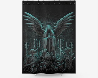 Skull Skeleton Gothic Hooded Wing Demon Sword Awesome New Color Textured Fabric Shower Curtain - Satanic Décor- Satanic Bath Decor