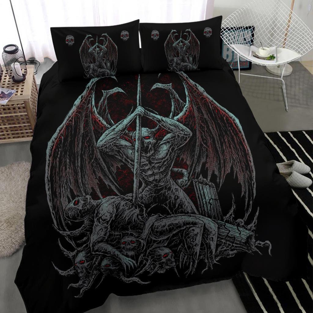 Discover Skull Winged Demon Slaying 3 Piece Duvet Set Color Version-Skull Bat Wing Bed Cover-Skull Demon Bed Cover-