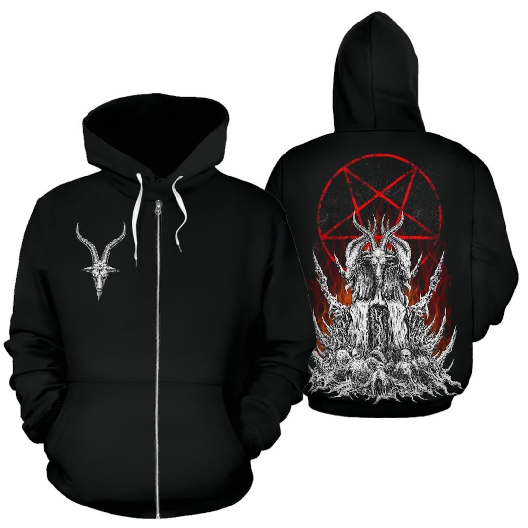 Skull Satanic Goat Satanic Pentagram Flame Zip up Hoodie Be Advised ...