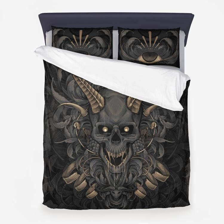 Discover Skull Demon Horn 3 Piece Microfiber Duvet Set-Skull Bed Cover-Skull Blanket-Skull Room Decor-Skull Home Decor-Demon Skull Bed Cover-