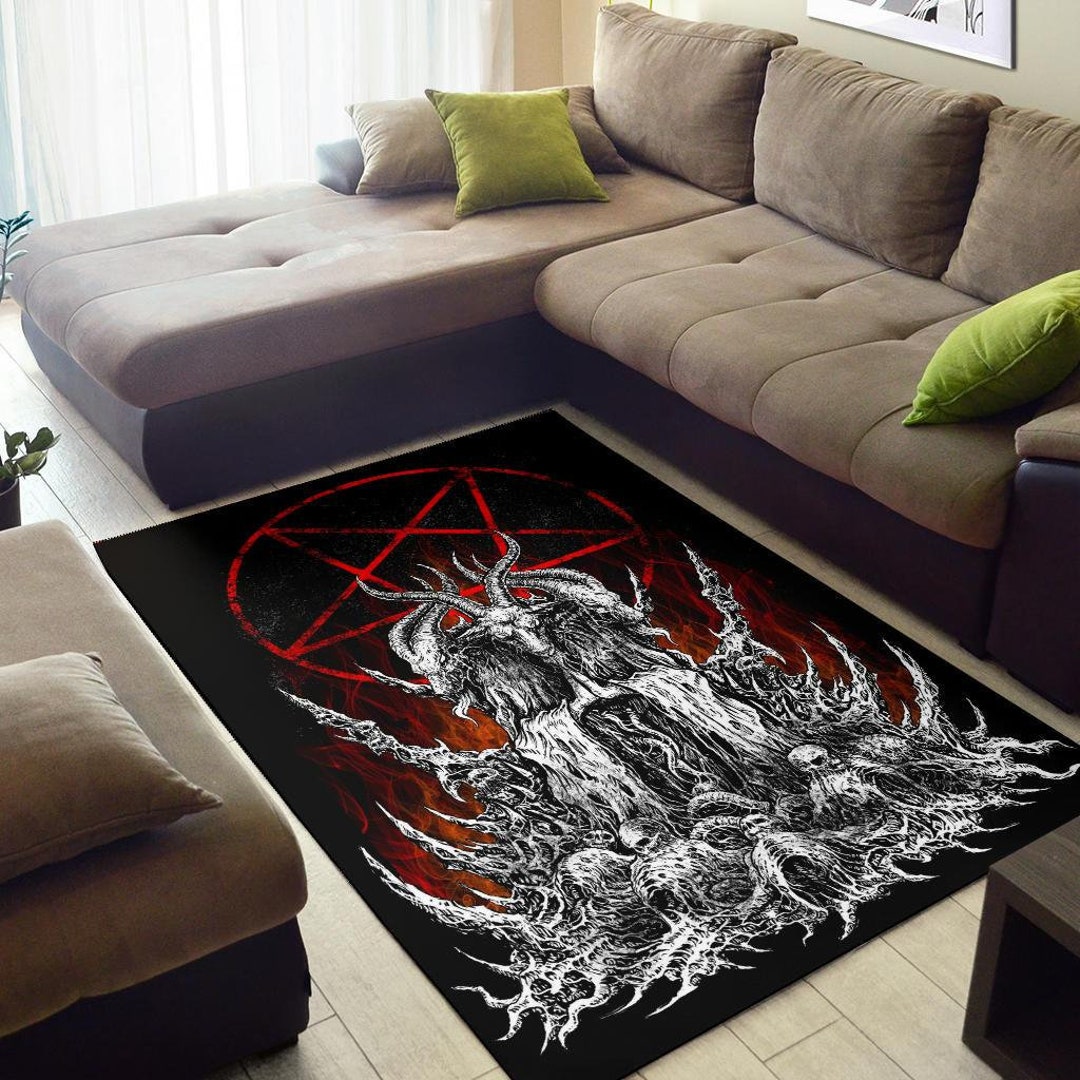 Satanic Area Rug Skull Skeleton Satanic Goat Satanic Pentagram Flame Area Rug Large ...