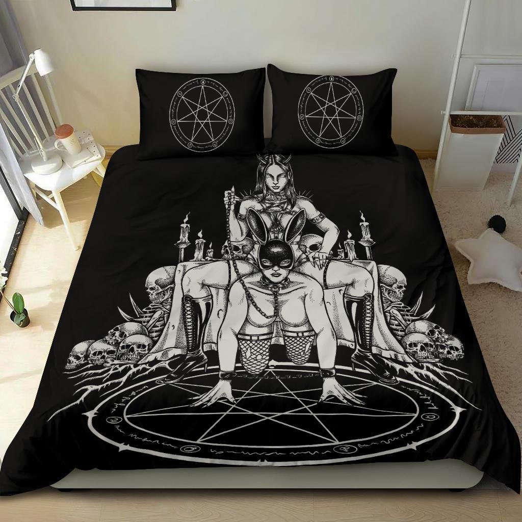 Discover Skull Satanic Pentagram Candle Chained Erotic Latex Bunny Mask Party 3 Piece Duvet Set Black And White-pentagram duvet-Satanic duvet