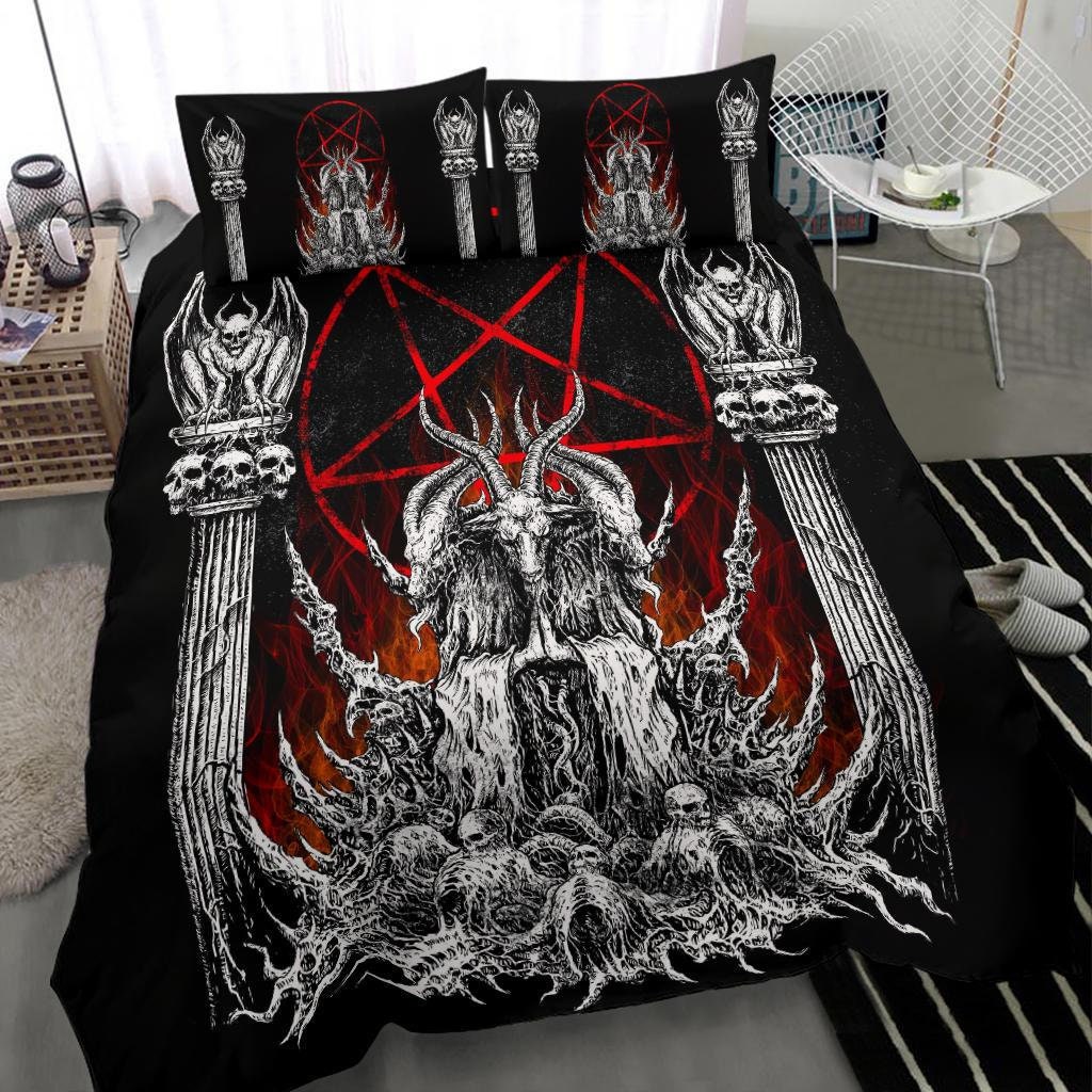 Discover Skull Satanic Goat Satanic Pentagram Flame 3 Piece Duvet Set Goat Flame Pillow Version-Satanic Goth Occult Bedding-