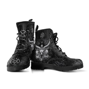 Crâne Croix satanique Couronnée Chèvre satanique Pentagramme satanique Bottes en cuir-Vêtements et bottes de chèvre satanique-Vêtements sataniques-