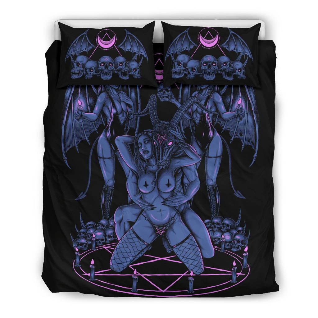 Discover Skull Baphomet Erotic Revel In Freedom And Realize It Throne 3 Piece Duvet Set Sexy Blue Pink Edited Version Satanic Bedding