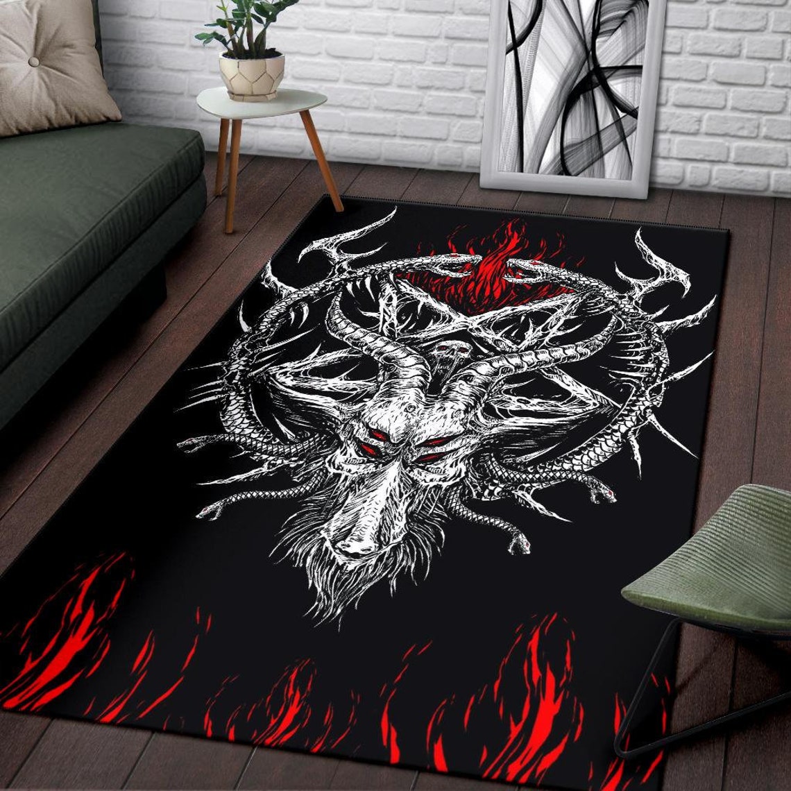 Satanic Area Rug Skull Satanic Goat Serpent Inverted Pentagram Flame Area Rug Black and ...