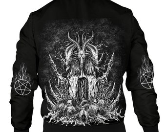 Skull Satanic Goat Satanic Pentagram Smoke Flame Jacket Plain Black Sleeves Available By Request-Satanic Jacket-Baphomet Jacket-Satanic Goat