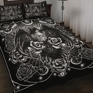 Occult Leviathan Moth Crow Eye Secret Power 3 piece Quilt Set- occult bedding- occult crow Quilt -occult decor-  occult - witch decor