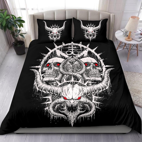 Skull Satanic Demon Serpent 3 Piece Duvet Set Black and White Red