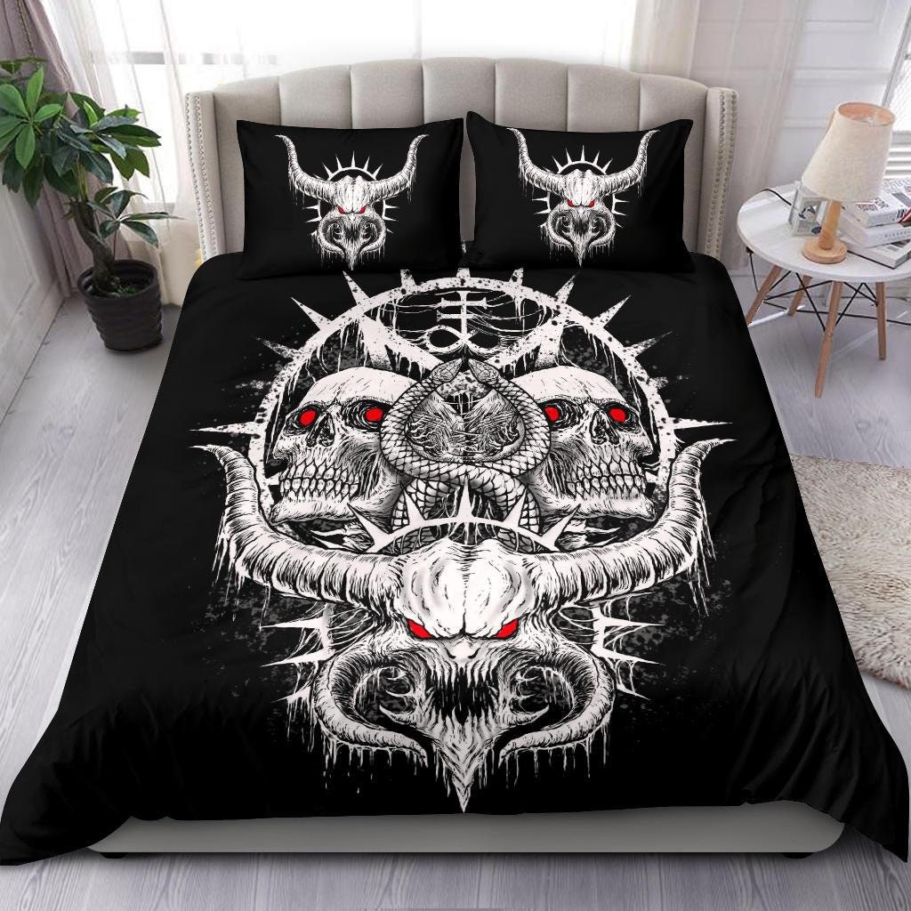 Discover Skull Satanic Demon Serpent 3 Piece Duvet Set Black And White Red Eye Version-Satanic Bed Cover-Satanic Room Decor-