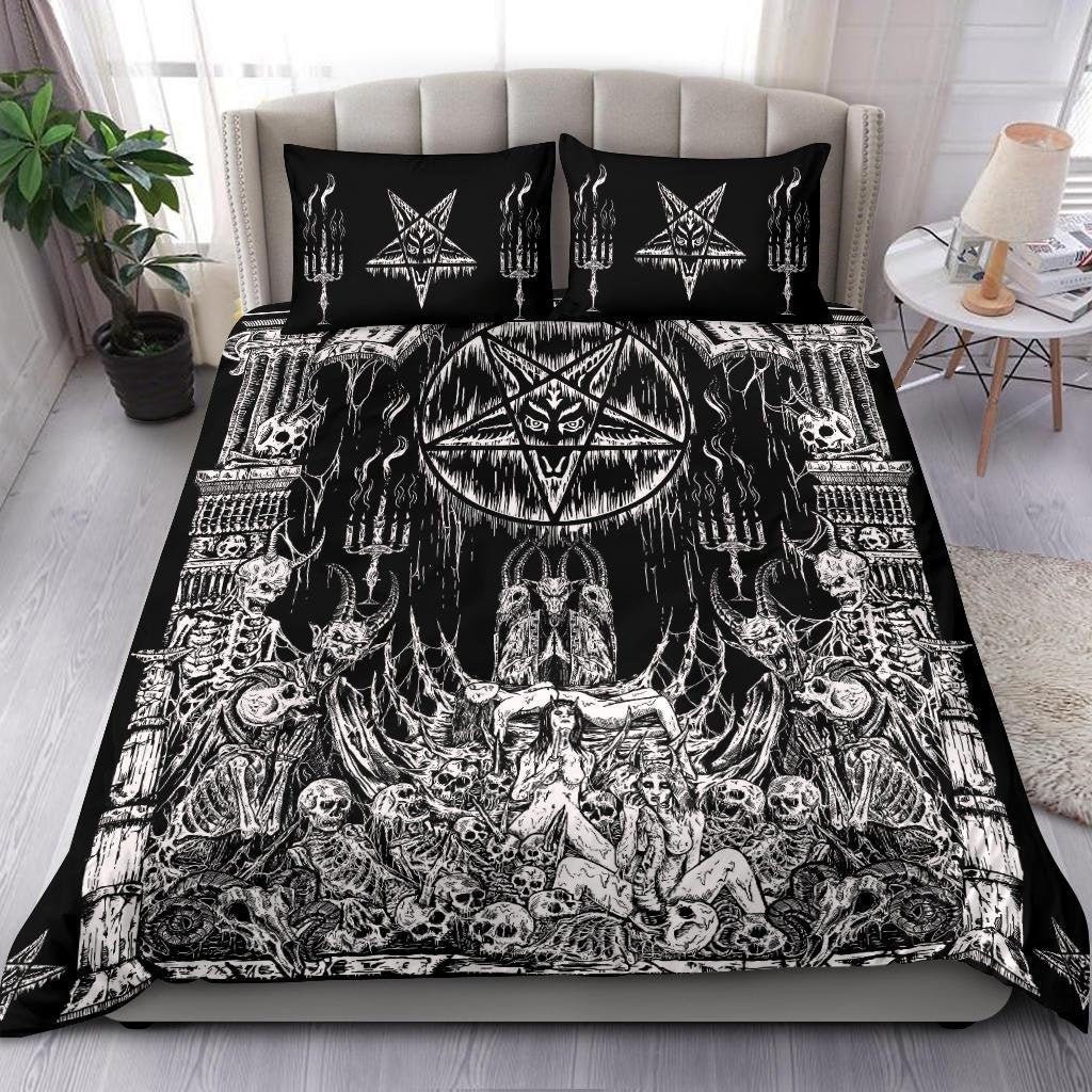 Discover Skull Demon Satanic Pentagram Satanic Goat Priest Candle 3 Piece Duvet Set With Pentagram Bottom Corners-Satanic Bedding-