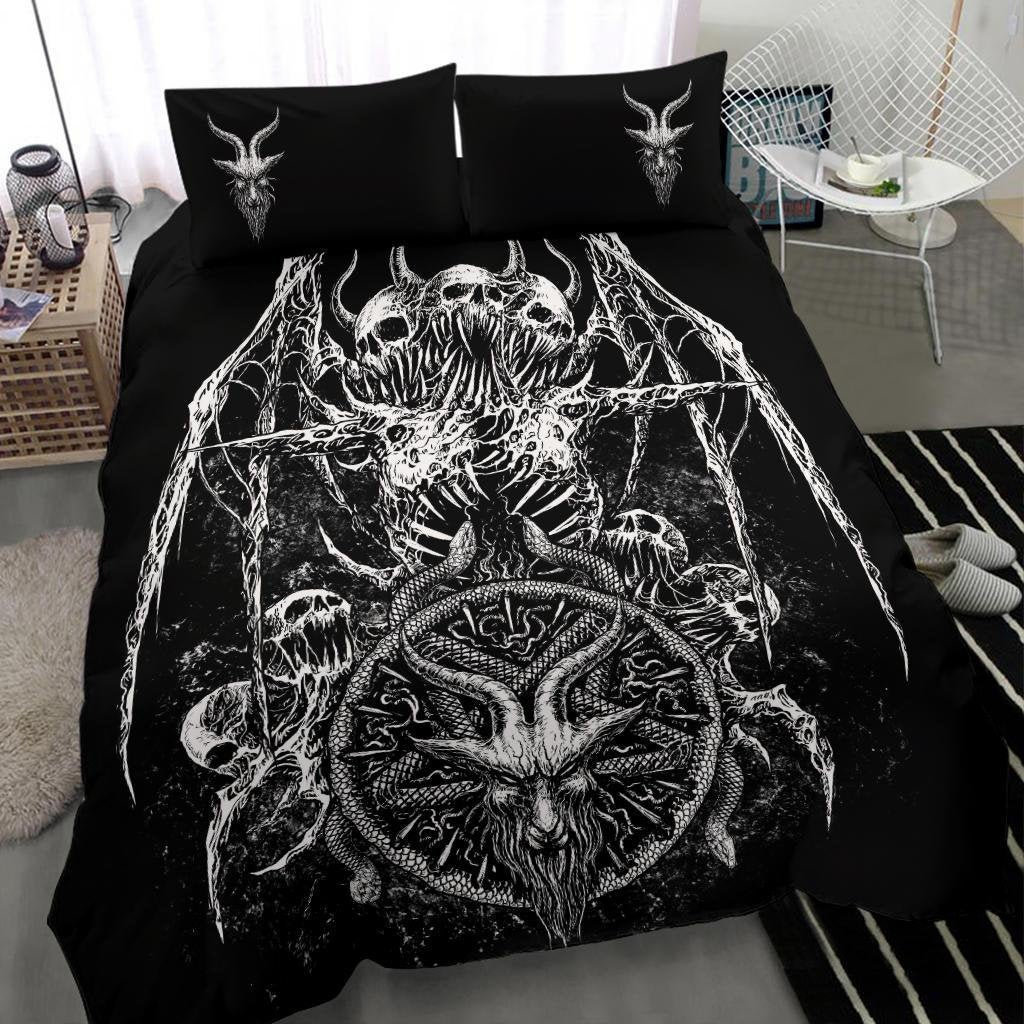 Discover Skull Bat Wing Demon Satanic Goat Satanic Pentagram Serpent 3 Piece Duvet Set Black And White Goat Head Pillow Version-Satanic Bedding-